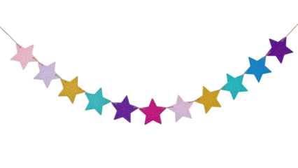 Festive Star Garland: A cheerful star garland, strung with an array of colorful stars against a clean backdrop, perfect for adding a touch of whimsy and delight to any event.