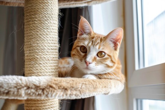 Adorable ginger kitten resting on a cat tree perch, enjoying the view from a window - Powered by Adobe