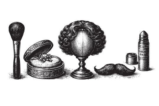 Antique cosmetics still life against a white background features a brush, powder box, wig stand, moustache, and vintage packaging with crosshatch engraving texture.