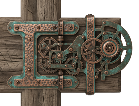Steampunk style copper gears and green patina on wood on a transparent background - Powered by Adobe