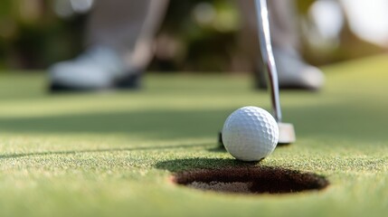 Obraz premium Close-Up of a Golfer Putting a Golf Ball into the Hole on a Green Surface with Focus on the Ball and the Putter
