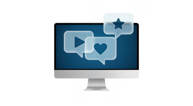 Computer monitor with social media on screen blue isolated on a transparent background - Powered by Adobe