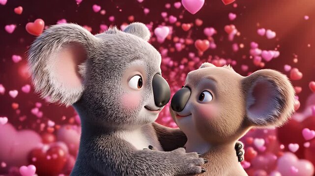 Koala Couple Valentine's Day - A charming illustration features two adorable koala bears embracing against a backdrop of floating hearts, perfect for Valentine's Day.