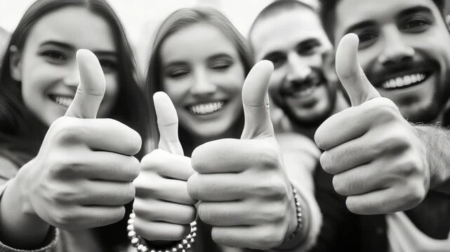 Group of friends in a row smiling and giving thumbs up.