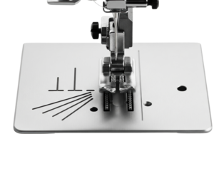 Close up view of metal sewing machine presser foot and needle plate on a transparent background