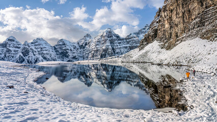 Reflection in the Larch Valley in Autumn after snow fall - Banff National Park