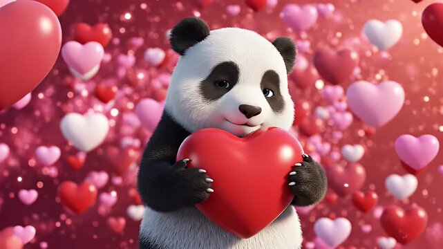 Panda Bear Holding Red Heart - A cartoon panda bear with black and white fur is pictured holding a large, red heart shape.
