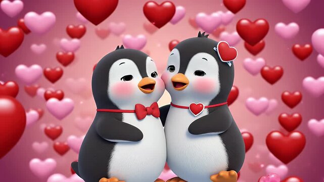 Cute Penguin Couple in Love - An illustration of two adorable penguins with blushing cheeks, adorned with heart-themed accessories.