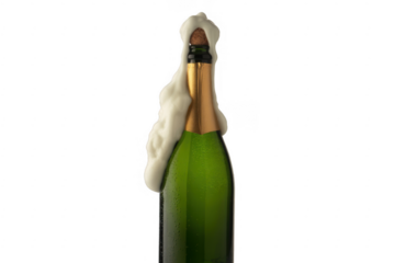 Champagne bottle with cork popping and foam green gold isolated on a transparent background