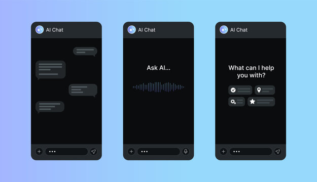Ai chat mobile screens collection. UI windows design. Speech bubbles, text field, audio chat with icons, vector illustration. Flat style. 