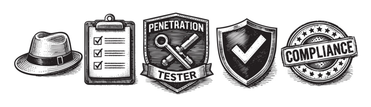 Black and white illustration depicts cybersecurity themes: a checklist, penetration testing, cyber security, and compliance, making it suitable for security reports.