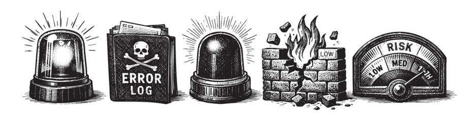 Black and white illustration of cybersecurity threats, data breach, and vulnerabilities showing alerts, error logs, breaking walls and risk meters, signifying system errors.