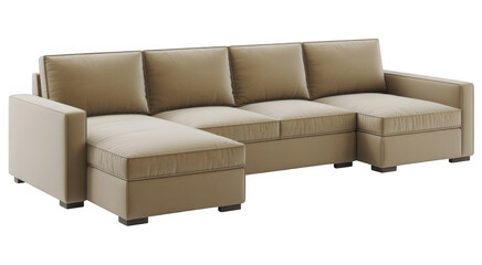 Beige leather sectional sofa with chaise isolated on a transparent background