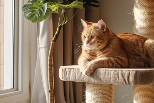 Orange tabby cat lounging on a sunlit cat tree by the window - Powered by Adobe