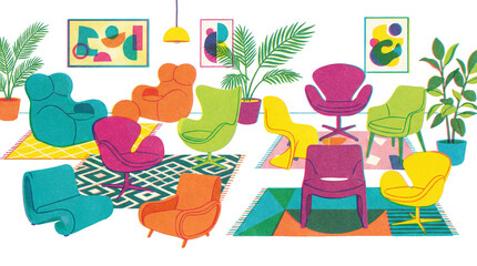 Fototapeta premium An eclectic indoor scene featuring a variety of colorful mid-century modern armchairs placed on patterned rugs, creating a stylish and retro living space.