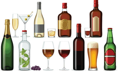 Alcoholic Beverage Collection Vector Illustration Set Featuring Wine, Beer, Whiskey, Vodka, Champagne Bottles and Glasses for Bar, Menu, and Beverage Designs