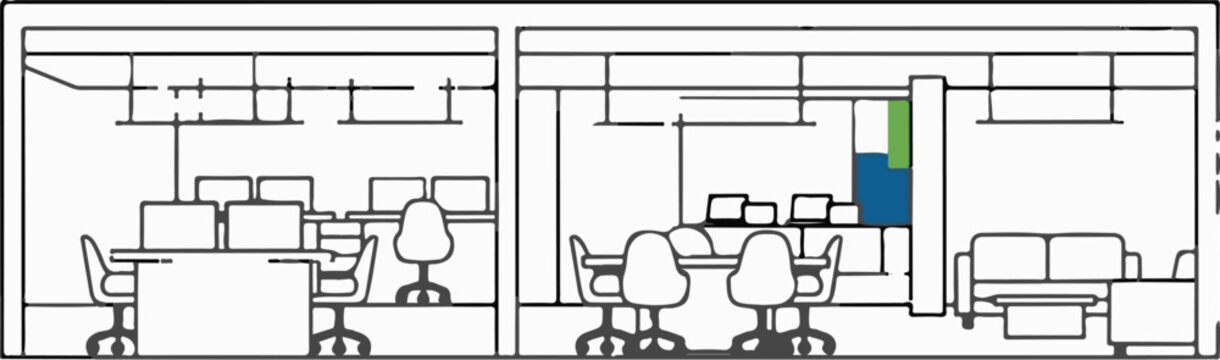 Blueprint of a modern office space showing collaborative work areas and a lounge