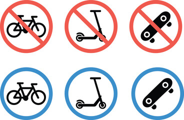 Prohibited bicycle, scooter, skateboard icons, allowed transport signs, red and blue circle symbols, urban mobility rules, vector illustration, signage, regulation, policy