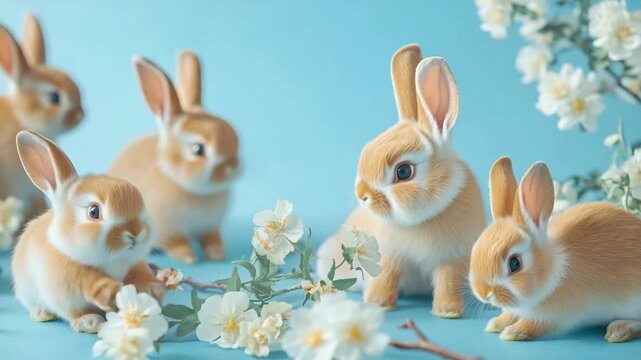 A group of baby rabbits are sitting in front of a blue background. There are five of them in total