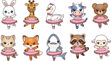 Cute animal ballerina character set wearing pink tutus performing ballet dance poses in adorable flat vector illustration © Sumon Creative