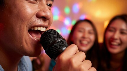 Young man singing into microphone while friends laugh in party setting  
