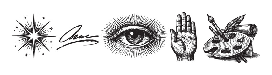 Engraved artistic symbols, including a star, eye, hand, and palette, rendered in black and white, evoke creativity and inspiration for designs.