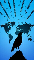 Obraz premium Raven Silhouette Against World Map and Broken Chains on Blue Background