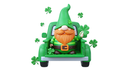 St. Patrick's Day Gnome in a Green Truck with Clovers