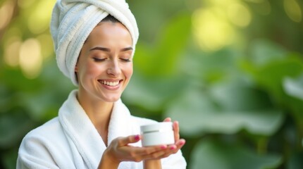 Young woman in white towel turban and robe enjoying luxurious skincare routine, holding cream jar with serene expression in tropical spa setting, perfect for beauty and wellness concepts.