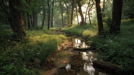 Serene Woodland Creek Surrounded by Lush Greenery and Soft Sunlight Filtering Through the Tree Canopy