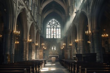 Obraz premium Sunbeams illuminating empty gothic cathedral interior with stained glass window and wooden pews