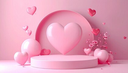 Pink podium background for product, Symbols of love for women's holiday, Valentine's Day, 3D rendering. beauty