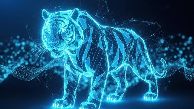 Abstract digital tiger illustration with glowing lines on dark background
