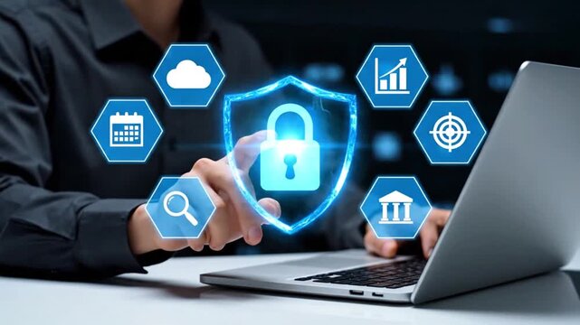 Cybersecurity Interface with Shield and Digital Infrastructure Icons