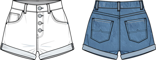 High waist denim shorts front and back view CAD drawing flat vector illustration with buttons, pockets, fashion technical sketch for apparel design, manufacturing, and pattern development © MstRokshana
