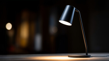 black minimalist desk lamp turned on at night, warm focused light beam illuminating desk surface, dark ambient background, soft light falloff, moody cinematic atmosphere, realistic