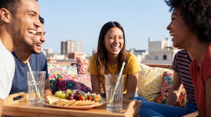 Group of friends laughing and enjoying food on rooftop terrace  