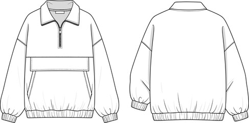 Pullover jacket CAD drawing, flat vector illustration, technical fashion sketch, front and back view, half zip collar anorak, apparel design template © MstRokshana