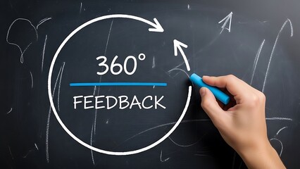 Business professional drawing a circular diagram illustrating the essential concept of comprehensive 360 degree feedback on a dark classroom chalkboard surface.