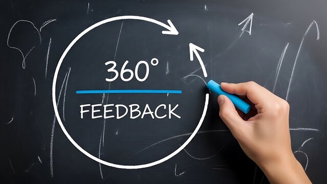 Business professional drawing a circular diagram illustrating the essential concept of comprehensive 360 degree feedback on a dark classroom chalkboard surface.