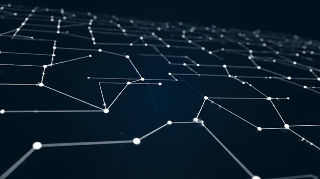 Network grid with connected nodes and lines on dark background.