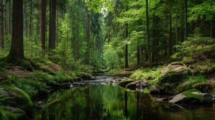 Fototapeta premium Serene Forest Stream Meandering Through Dense Green Woods Surrounded by Lush Vegetation and Reflections in Clear Water