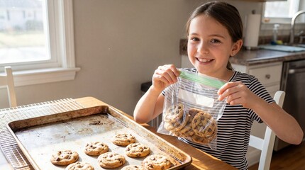 Young girl smiling while holding cookie bag by baking tray at home  