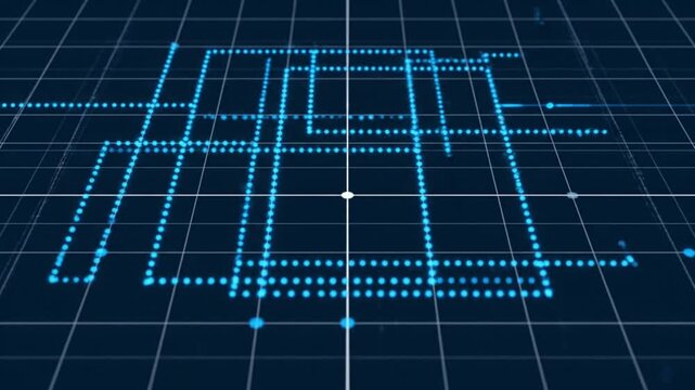 Blue digital grid background with futuristic dotted lines and geometric shapes.