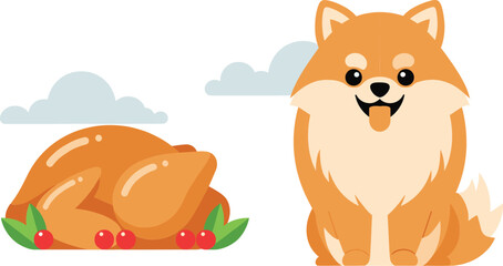 Obraz premium Cute dog character with roasted turkey food illustration representing pet holiday dinner concept in flat vector style