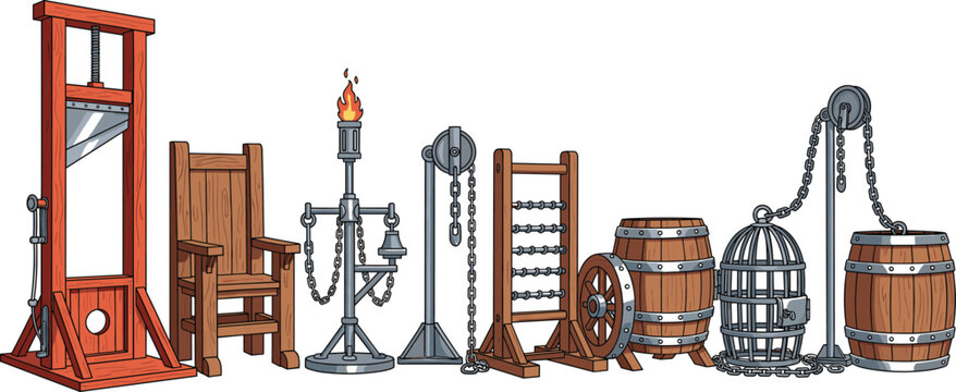 Medieval torture and dungeon equipment set with guillotine, chair, chains, barrels, cages, and punishment tools vector illustration