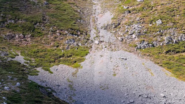Aerial of a rockfall in mountains with scree. Northern Spain, Asturias.