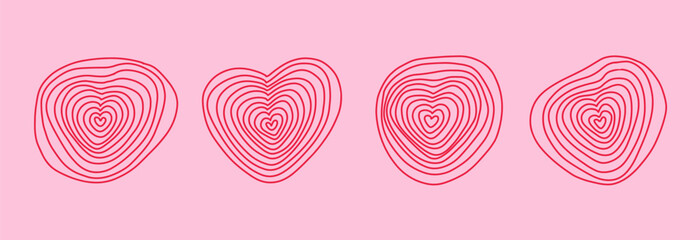Hand drawn Topography stamp style hearts shape set. Contour heart form with irregular rings. Linear vector.
