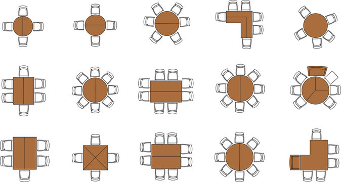 Top view dining table layouts with chairs, various shapes and seating arrangements for restaurant and interior planning