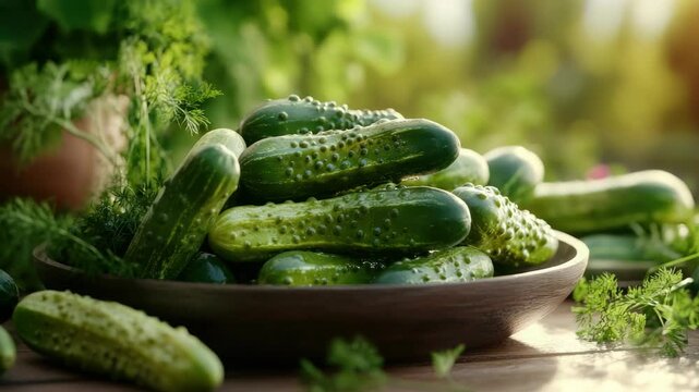 Delicious, homemade dill pickles fresh from the garden. Garnished with a sprig of parsley for a vibrant, healthy snack.